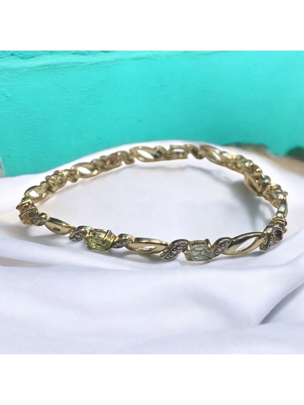 Vermeil Silver 7.5" Multi-Gemstone Link Gold Color Bracelet With Secure Clasp